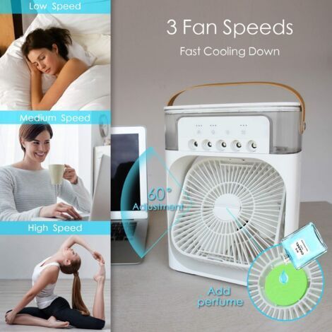 Ventilateur portable, refroidisseur d'air 4-en-1, mini-climatiseur portable de 600 ml doté de 3 vitesses de ventilation, 3 modes de pulvérisation, 7 modes de veilleuse et d'une minuterie réglable de (1/4)