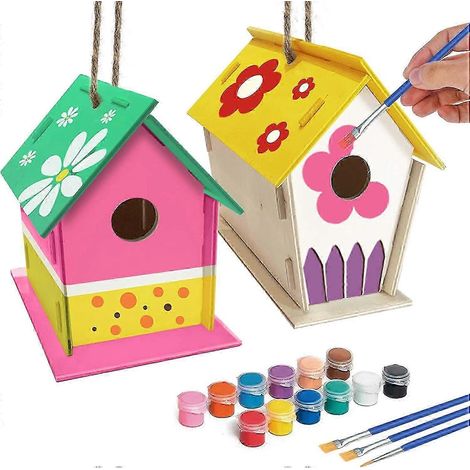 Kit de nichoir à oiseaux à faire soi-même (25-26 cm) - Lot de 2 kits d'activités manuelles en bois pour enfants (peintures incluses) (1/4)
