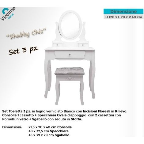 Toeletta Mobile Specchiera Petineuse con Sgabello Imbottito Bianco Cassetti (1/2)