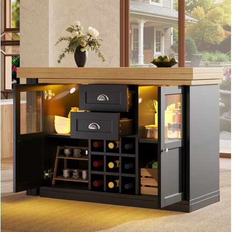 Table extensible 120-197x40 cm rotative 360° avec LED 3 couleurs, rangement et casier à vin MDF - noir