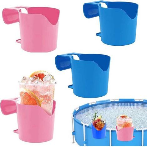 set of 4 pool cup holders - 13.5 × 8.8 cm - 2 colors - Plastic material - Pool drink holder - Pool accessories - Suitable for cylindrical objects with an outer diameter of 5 cm or less - Blue, Pink (1/5)