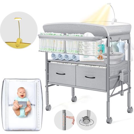 Table a Langer Bebe avec Tiroir et Veilleuse, Hauteur Réglable, Gris (1/5)