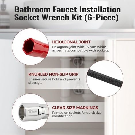 Llave para grifo，Juego de llaves para tuberías，6 piezas，Incluye adaptadores de 8-13 mm，Herramientas de fontanería，Para lavabo e instalación (1/4)