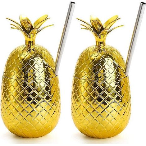 Lot de 2 gobelets ananas, 450 ml, ananas doré avec paille extensible, gobelets pour fête hawaïenne (Luau)