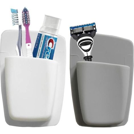 Porte-Brosse à Dents ,Mighty Dentifrice Rasoir,Organisateur de Salle de Bain Petit Article de Toilette Mural (2Pcs, Blanc + Gris) (1/3)
