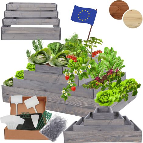 MODO24 ZP09 Carré potager surélevé en escalier modulable, bois de pin, herbes/légumes, jardin/terrasse/balcon, 45x117x60 cm, gris