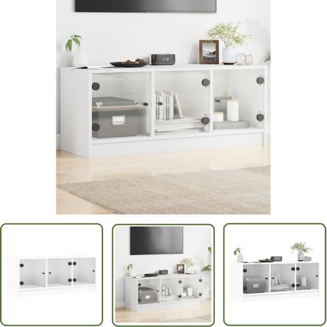 The Living Store TV-Schrank mit Glastüren Weiß 102x37x42 cm - TV-Schrank - Fernsehtisch - Regal - Wohnzimmermöbel - Weißer TV-Stand (1/5)
