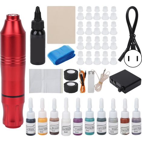 Kit de machine à tatouer rotative avec liner et shader, cordon clip, bloc LED, pédale, stylo tatouage 100-230V prise US (1/5)