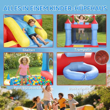 Château gonflable bleu avec souffleur, toboggan, trampoline, piscine à balles, pistolet à eau, 342 x 255 x 209 cm