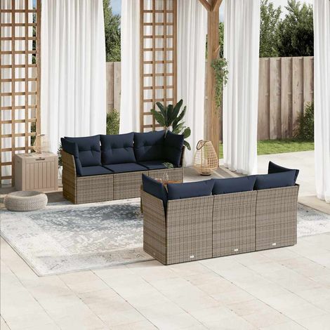 Set de sofás de jardín 7 pzas con cojines ratán sintético gris vidaXL (1/5)