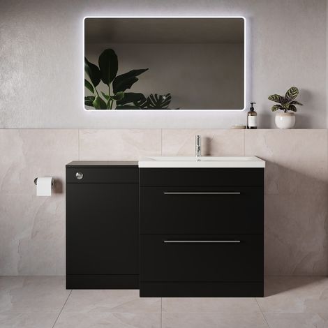 Napoli 390 Matt Black 1300mm 2 Drawer Vanity Unit Toilet Suite with Glide Basin - 1300mm - Chrome 480mm HandleWithout Kingston Toilet Pan