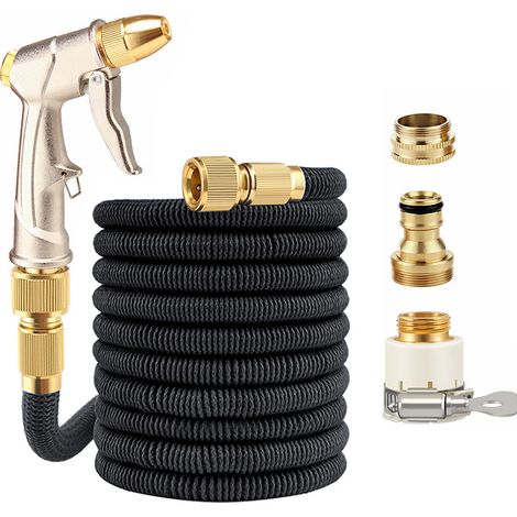 Tuyau d'arrosage extensible noir avec pistolet en métal et raccords en laiton, pour jardinage et nettoyage