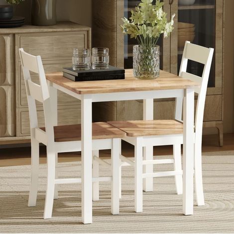 Lot de 2 chaises de cuisine en bois d'hévéa, dossier à barreaux courbé, blanc et chêne (1/5)