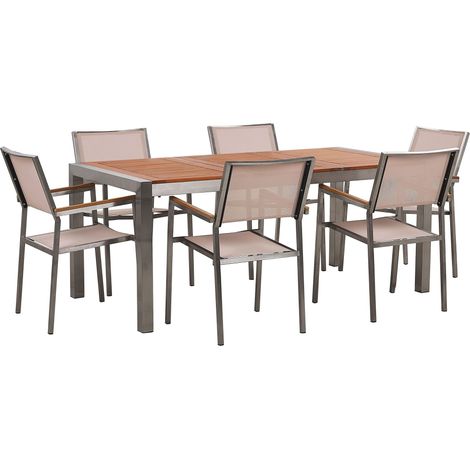 Table de Jardin et 6 Chaises 180 x 90 cm Bois d'Eucalyptus et Tissu Beige Grosseto (1/5)