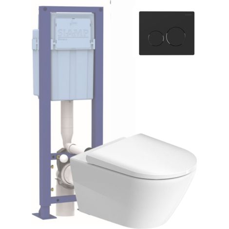Pack inodoro suspendido sin reborde DURAVIT D-NEO + asiento + soporte SIAMP + placa negra