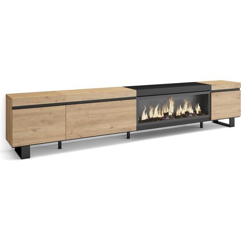 Skraut Home - Mueble TV, Televisión, Muebles de salón, almacenaje, 288x57x35 cm, Para TV gran formato, Chimenea eléctrica XXL, Diseño industrial, Estilo Moderno, Roble y negro (1/5)