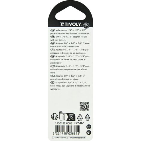 Tivoly • Set di 3 adattatori per bussole a morsetto • Gambo esagonale Ø6,35 mm • Per bussole quadrate 1/4" & 3/8" & 1/2"