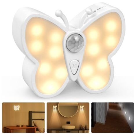 Lampe à détecteur de mouvement, Papillons Lampe Detecteur de Mouvement Interieur, Veilleuse LED Rechargeable Lumiere 3 Modes, Applique murale magnétique sans fil Pour Couloir,Chambre D'enfant. (1/5)