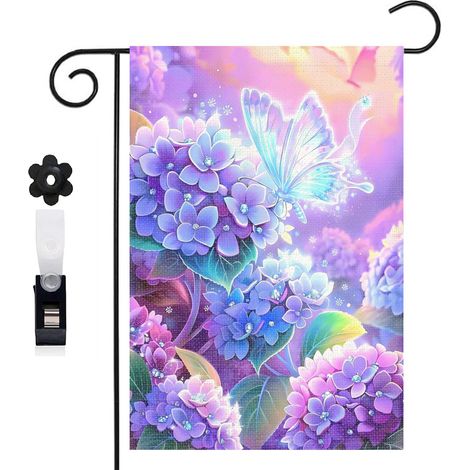 Drapeau de jardin bienvenue 30 x 45 cm motif hortensias colorés et papillon toile double face pour extérieur (1/5)
