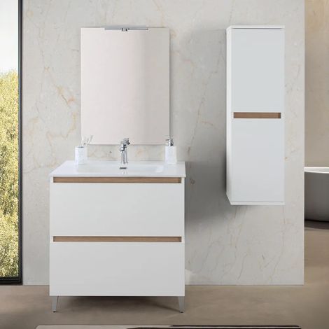 Mobile bagno a terra 80 cm bianco e rovere con cassetti soft-close Kleo (1/5)