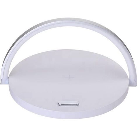 Piccola lampada da scrivania rotonda con comandi touch, caricabatterie wireless multifunzionale, supporto per telefono, bianca (1/4)