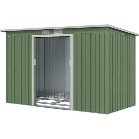 Abri de jardin métallique 6,3 m³ 280 x 130 x 172 cm, abri à outils avec toit pentu et porte coulissante, résistant aux intempéries, cabane/abri/armoire de jardin pour usage extérieur, anthracite, vert