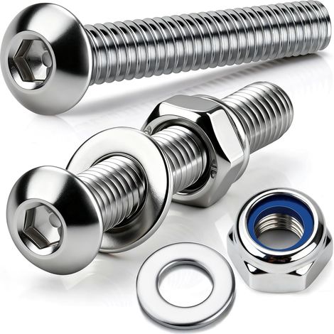 Lot de 60 vis M6 x 60 mm à tête bombée à six pans creux en acier inoxydable avec écrous de sécurité, rondelles, vis filetées, pour montage de meubles, zones industrielles (1/5)