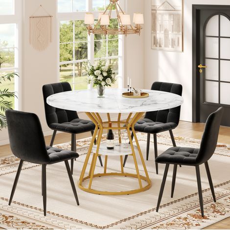 Ensemble table et chaises avec table ronde 100 cm, plateau en MDF, 4 chaises en velours, pieds en métal doré (1/5)