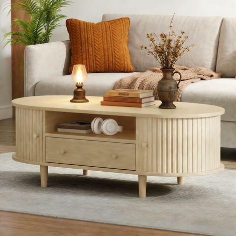 URBAN MEUBLE Table basse ovale effet bois chêne 1 tiroir porte coulissante 100x50x36cm (1/5)