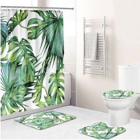 Rideau de douche à motif de plante tropicale verte, tapis de bain à motif floral, housse de siège de toilette antidérapante, ensemble de décoration de salle de bain – 180 x 200 cm (1/5)