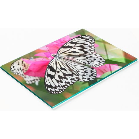 Tablero de vidrio decorativo multifuncional para cocina con forma de mariposa y flor, 80x52 cm.