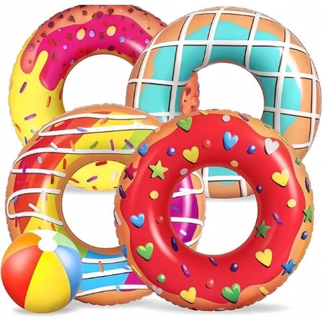 5 Pièces Donut Flotteurs Gonflables de Piscine, 4 Pièces 75CM Anneaux de Natation en Forme de Beignet avec 35CM Ballons de Plage pour Enfants Adultes Plage Natation Piscine Fête