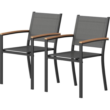 Set aus 2 Gartenstühlen aus Textilene und Metall mit Armlehnen in Holzoptik, 56 x 62 x 89 cm, Grau