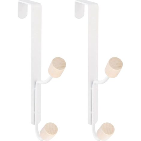 Porte-manteaux de porte, lot de 2, sans perçage, robuste, avec patère et porte-serviettes, et 2 crochets en bois, blanc (1/5)