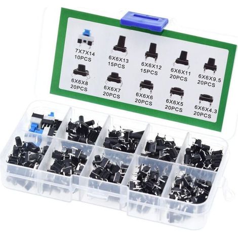 180 pièces Interrupteurs à bouton-poussoir tactiles, Kit d'assortiment d'interrupteurs, bouton-poussoir momentanés à 4 broches, pour Arduino (6 X 6, 7 X 7 mm) (1/5)