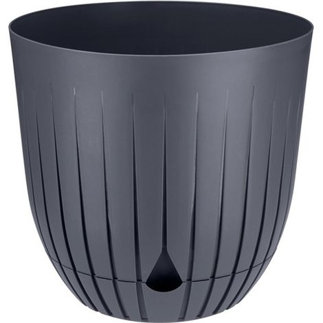 Vaso da fiori in plastica BRITTA con sottovaso, misura 3, diametro 21 cm, motivo scanalato e rigato, plastica, antracite, opaco (1/4)
