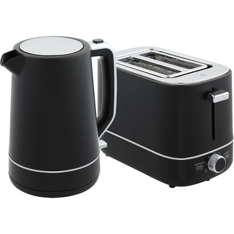 Wasserkocher Toaster Set 2200 W 1,7L Wasserkocher, 2 Scheiben Toaster, 6 Bräunungsstufen, Aufwärmen und Auftauen, Frühstück-Set mit Kalkfilter & Krümelfach Schwarz