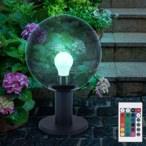 Wegeleuchte dimmbar mit Fernbedienung LED Außenlampe anthrazit Sockelleuchte Gartenlampe rauchfarben, RGB Farbwechsel, Glaskugel Rauchoptik, 8,5W 806lm warmweiß, DxH 25x38 cm