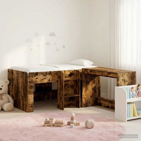 Lit haut enfant avec bureau intégré en bois d’ingénierie, chêne fumé, 2 pièces - PANGIVO (1/5)