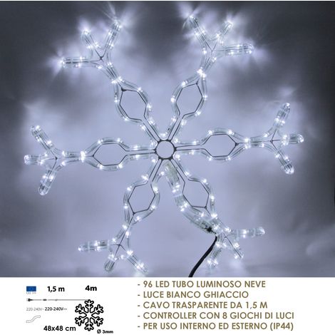 Wisdom tubo luminoso a forma di fiocco di neve di Natale con 96 led bianco ghiaccio e 8 giochi di luci cm 48x48 su struttura in metallo per interno ed esterno Bianco Ghiaccio (1/5)