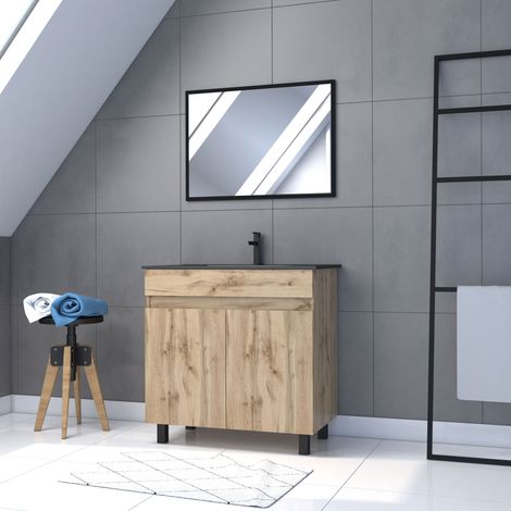 Mueble de baño 80x80 cm - Acabado roble natural + lavabo negro + espejo (1/5)