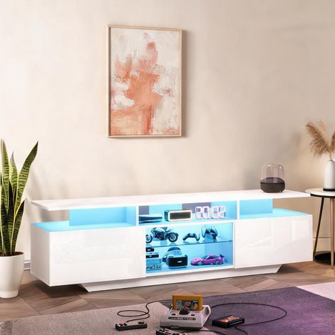 Meuble TV blanc 160 x 40 x 45 cm avec éclairage LED et 2 armoires (1/5)