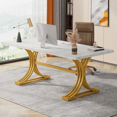 Schreibtisch 160x80cm mit goldenen Beinen, Kunstmarmor-Optik, Home Office Tisch (1/5)