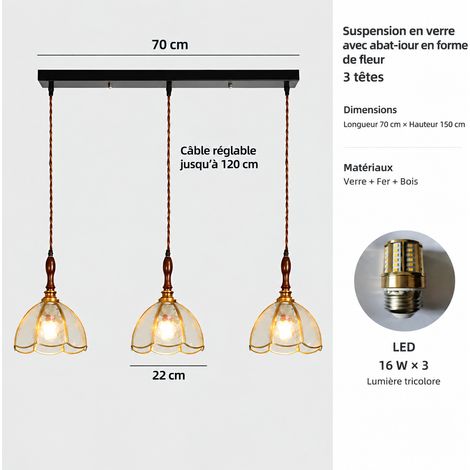 Suspension Vintage en Verre 3 têtes plateau long 75 cm lumière 3 couleurs spectre complet protection des yeux 1 kg – Livraison gratuite