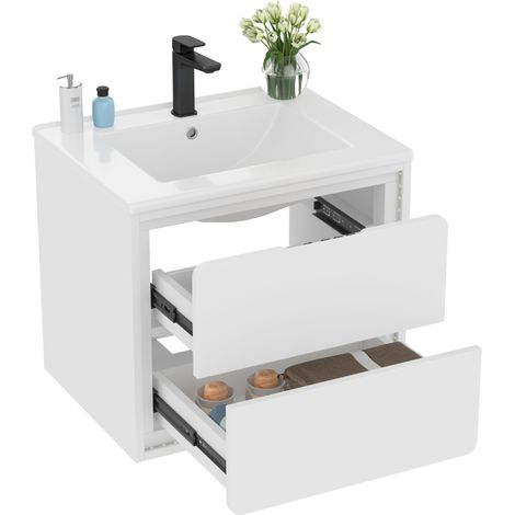 Meuble vasque salle de bain mural 60x46x50 cm avec lavabo céramique, 2 tiroirs silencieux, éclairage radar LED, finition laquée blanche  CHICFURN (1/5)