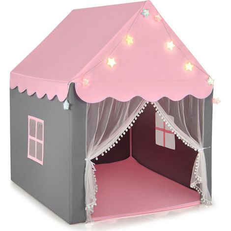 Tissu doux rose, tente de jeu enfant avec guirlande étoiles et tapis antidérapant, pour chambre d'enfant (1/5)
