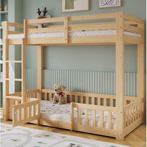 Etagenbett Holz Kiefer Natur 90x200 cm mit rechtwinkliger Treppe und freiem Raum unter dem Bett (1/5)