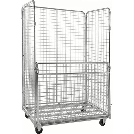Kongamek Rollcontainer verzinkt 1200x800x1800mm mit 4 Gitterwänden 50x50mm vorne halb zu öffnen mit Bremse
