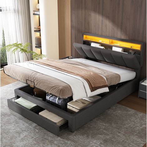 Bett modern gepolstert in Grau 140x200 cm aus Leinenstoff mit LED-Kopfteil und Lattenrost (1/5)
