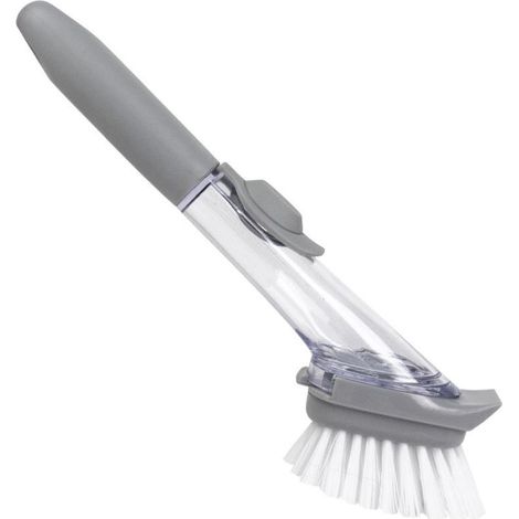 Brosse à vaisselle multifonction avec réservoir à savon - Brosse de cuisine grise avec 2 têtes éponge interchangeables - Outil de nettoyage pour casseroles et poêles (1/5)